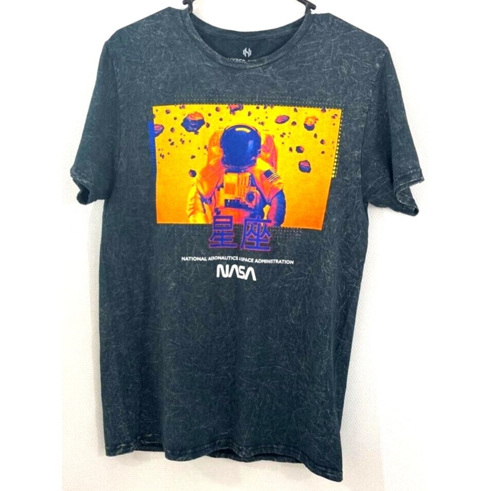 Hyper Space NASA T-Shirt Mens Medium Black Acid Wash Excellent Astronaut Graphic